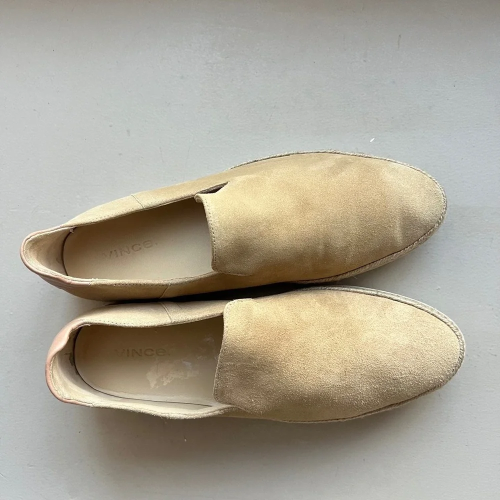 Vince Women 6.5 M‎ Tan Suede Espadrille Slip On Sneakers Braided Jute Platform